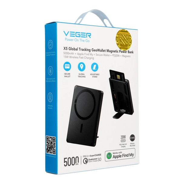 Powerbank Veger Wallet Tracker W0582 MFi PD 20W  5000 mAh czarny