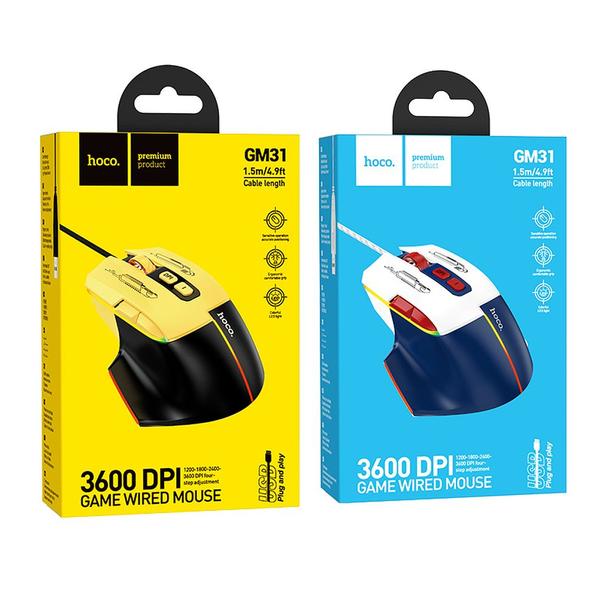 Myszka przewodowa gamingowa Hoco USB A 3600 dpi GM31 biało niebieska