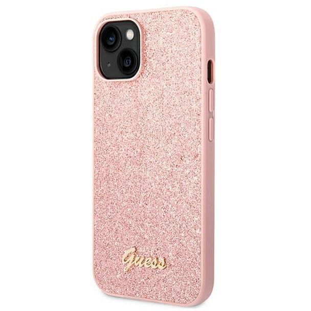 GUESS futerał do IPHONE 14 Plus GUHCP14MHGGSHP (Glitter Flakes Script Metal Logo) różowy
