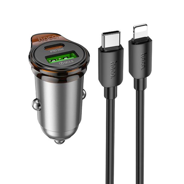 Ładowarka samochodowa Hoco USB A + USB C QC3.0 PD 3A 43W + kabel USB C do Lightning NZ16A szara