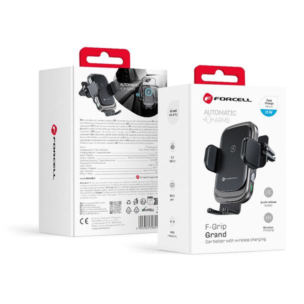 Uchwyt na telefon do samochodu indukcyjny Forcell F-Grip Grand F-24 15W do kratki srebrny