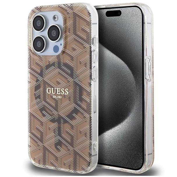 GUESS futerał do IPHONE 15 Pro kompatybilny z MagSafe GUHMP15LHGCUSTGW (IML GCUBE) brązowy