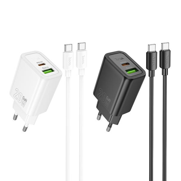 Ładowarka sieciowa do telefonu Hoco USB A + USB C QC3.0 PD 3A 20W + kabel USB C do USB C N61 czarna