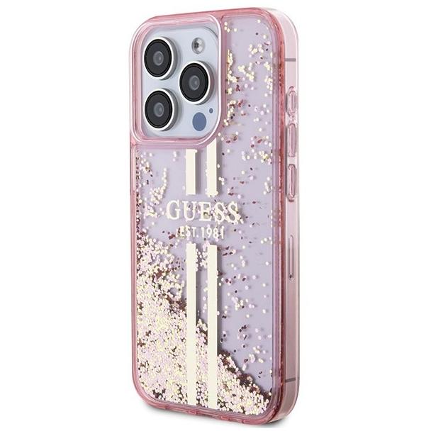 GUESS futerał do IPHONE 15 Pro GUHCP15LLFCSEGP (Liquid Glitter Gold Stripes) różowy