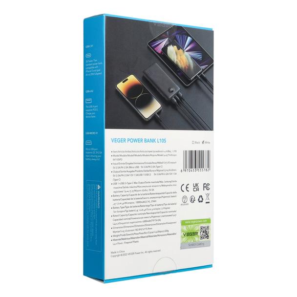Powerbank Veger L10S (W1105PD) PD QC3.0 2A 20W 10000 mAh biały