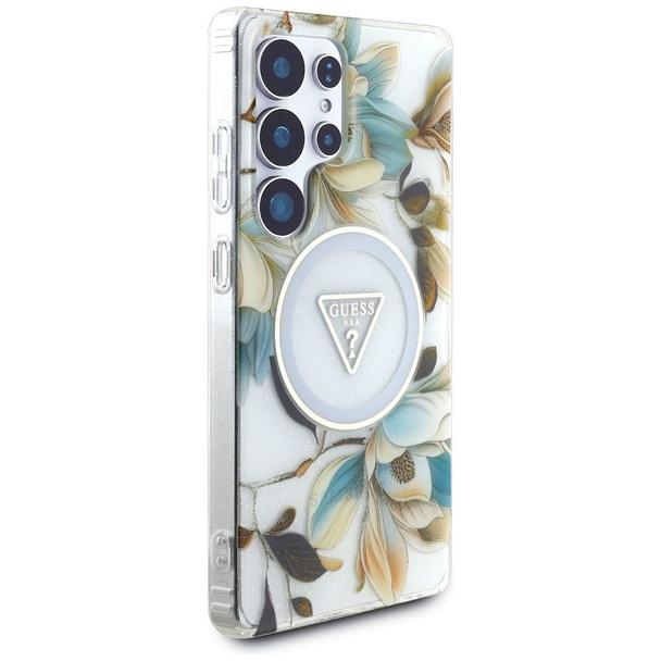 GUESS futerał do SAMSUNG S25 Ultra GUHMS25LHFLPEDH (Magnetic IML Metal Glitter Flowers Triangle) biały