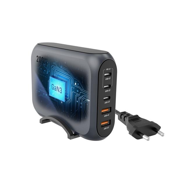 Ładowarka biurkowa Forcell F-Energy GaN III 3 x USB C + 2 x USB A QC4.0 PD 5A 200W VT-51 szara