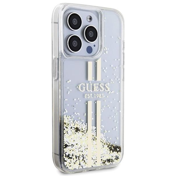 GUESS futerał do IPHONE 15 Pro GUHCP15LLFCSEGT (Liquid Glitter Gold Stripes) transparentny