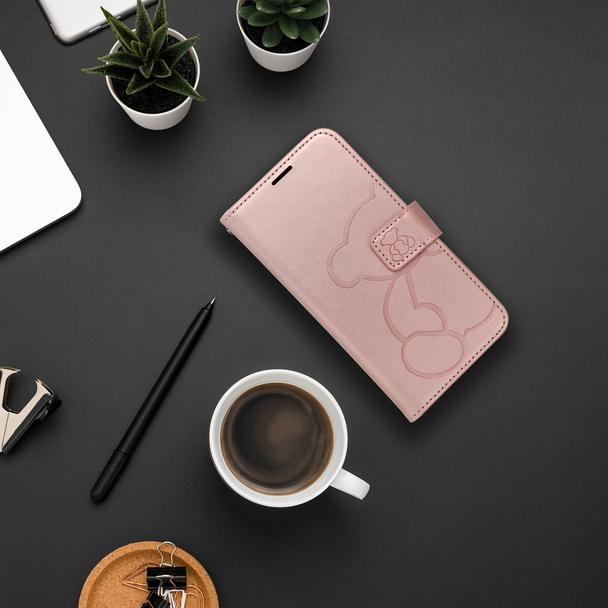 Etui z klapką na Samsung A57 5G Mezzo Book teddy bear złoto-różowe