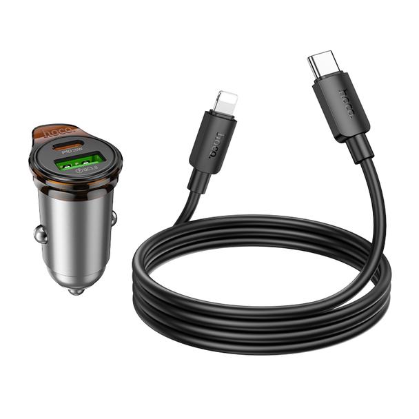 Ładowarka samochodowa Hoco USB A + USB C QC3.0 PD 3A 43W + kabel USB C do Lightning NZ16A szara