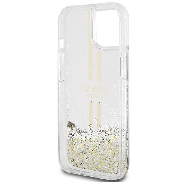 GUESS futerał do IPHONE 15 GUHCP15SLFCSEGT (Liquid Glitter Gold Stripes) transparentny