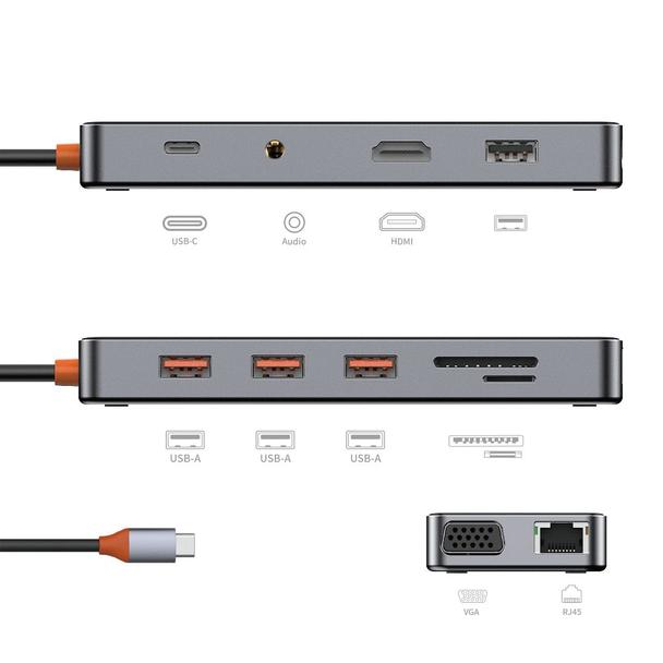 WiWU - HUB 11w1 CB011 Type-C do USB3.0x3+USB2.0x1+SD/TF(2.0)+HDMIx1+RJ45+VGA+PD+Audio