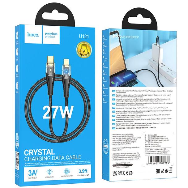 Kabel USB C do Lightning Hoco PD 27W 1,2 m U121 czarny transparentny