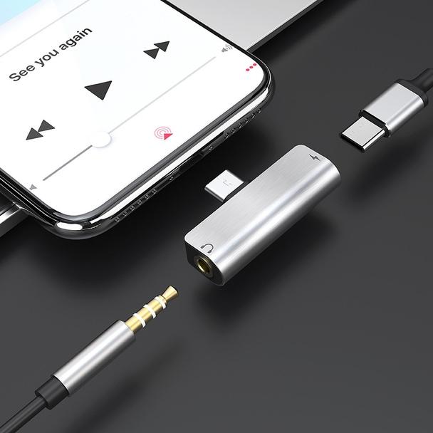 Adapter AUX 2w1 USB C do Jack 3,5 mm / USB C Hoco LS26 srebrny