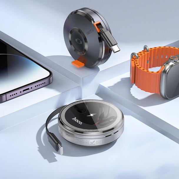 Ładowarka indukcyjna Hoco 15W z chowanym kablem USB C zgoda z MagSafe i Apple Watch CQ18 srebrna