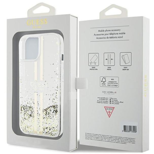 GUESS futerał do IPHONE 15 GUHCP15SLFCSEGT (Liquid Glitter Gold Stripes) transparentny