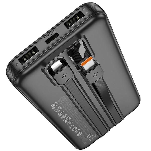 Powerbank Hoco 10000 mAh 2A z wbudowanymi kablami USB C + Lightning J118 czarny