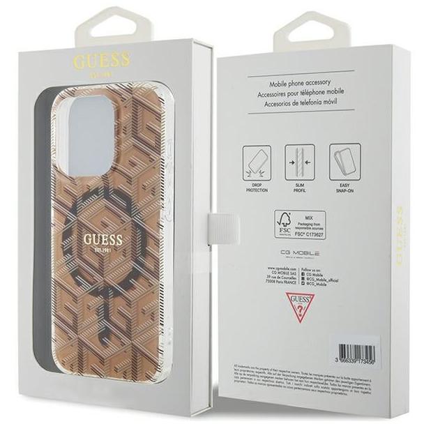 GUESS futerał do IPHONE 15 Pro kompatybilny z MagSafe GUHMP15LHGCUSTGW (IML GCUBE) brązowy