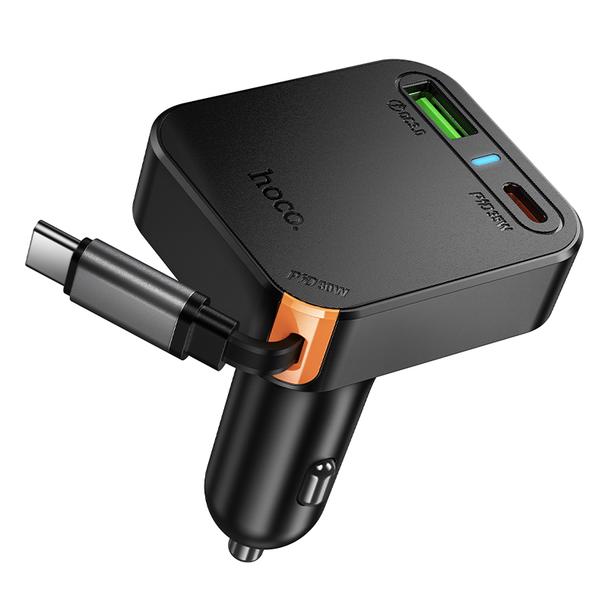 Ładowarka samochodowa Hoco ze zwijanym kablem 2 x USB C + USB A QC PD 65W NZ18 czarna