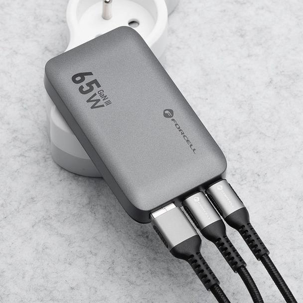 Ładowarka sieciowa do telefonu Forcell F-Energy Ultra Slim GaN III 2 x USB C + USB A QC4.0 PD 4A 65W VT-47 szara 0INT