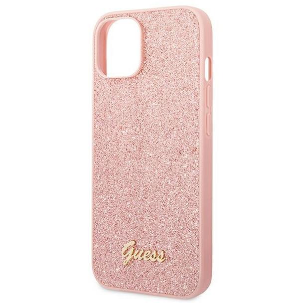 GUESS futerał do IPHONE 14 Plus GUHCP14MHGGSHP (Glitter Flakes Script Metal Logo) różowy