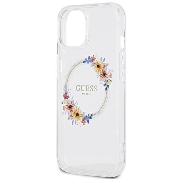 GUESS futerał do IPHONE 15 kompatybilny z MagSafe GUHMP15SHFWFCT (Flowers Wreath) transparentny