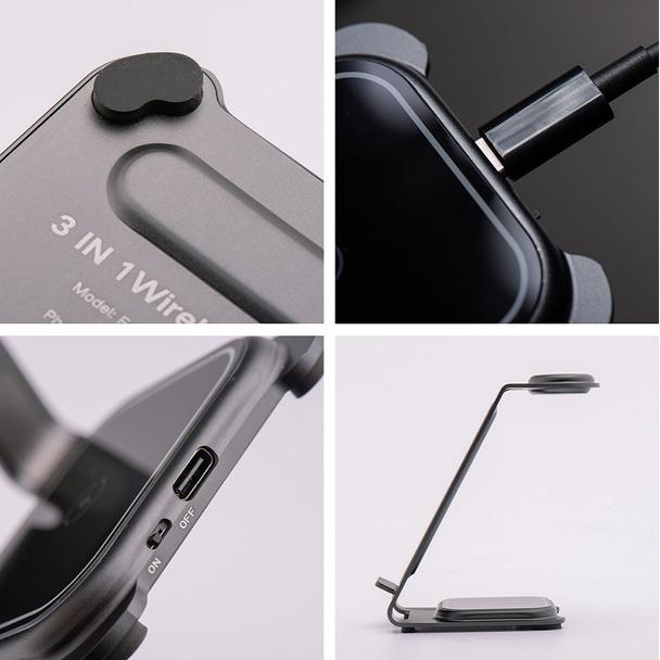 Ładowarka indukcyjna Forcell F-Energy 3w1 Simply Charge aluminiowa kompatybilna z Apple Watch i Samsung Watch szara