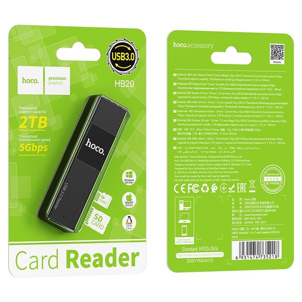 Czytnik kart SD / TF Hoco USB A 3.0 HB20 czarny