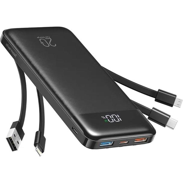 Powerbank 5V 3A 10000 mAh z wbudowanymi kablami USB A / USB C / Lightning / Micro USB Charmast W1148 czarny OINT