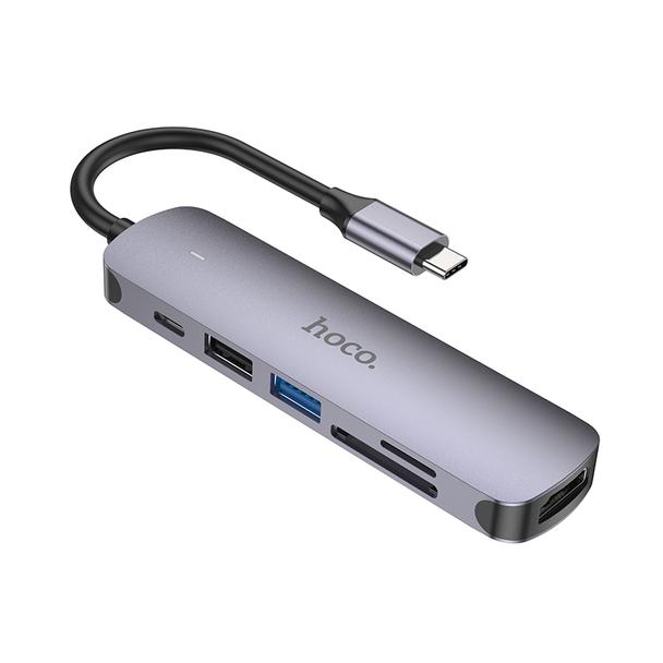 Adapter HUB 6w1 (HDTV+USB 3.0+USB 2.0+SD+TF+PD) USB-C Hoco HB28 czarny