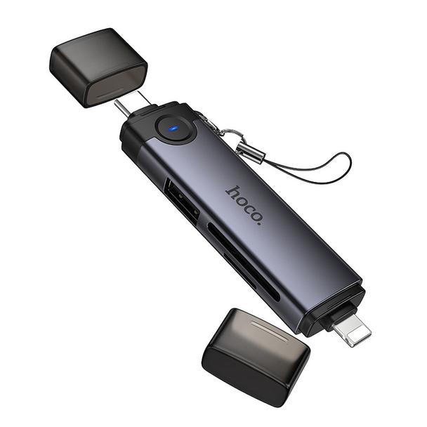 Czytnik kart SD/TF 3.0 + USB 2.0 USB-C/Lightning Hoco HB56B szary