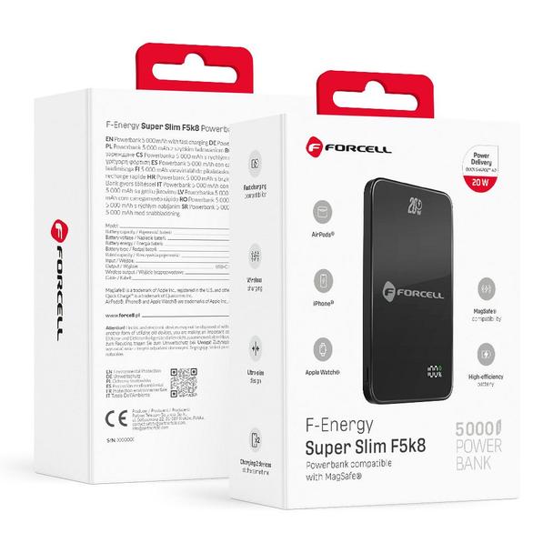 Powerbank zgodny z MagSafe Forcell F-Energy SuperSlim F5K8 QC4.0 PD3.0 15W 5000 mAh czarny 0INT