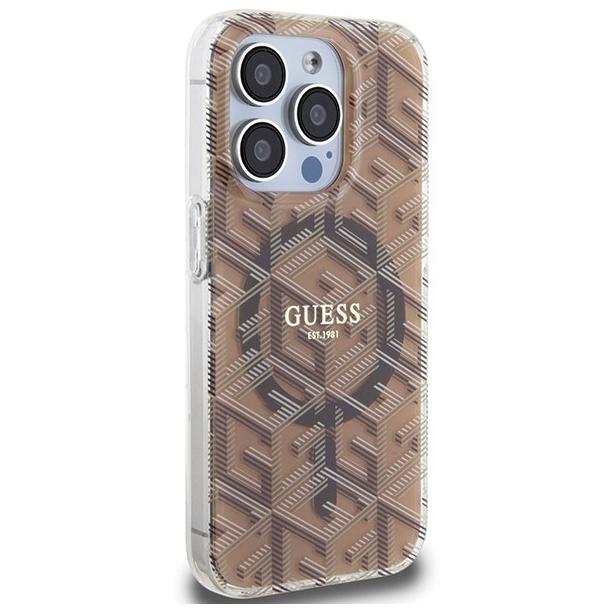 GUESS futerał do IPHONE 15 Pro kompatybilny z MagSafe GUHMP15LHGCUSTGW (IML GCUBE) brązowy