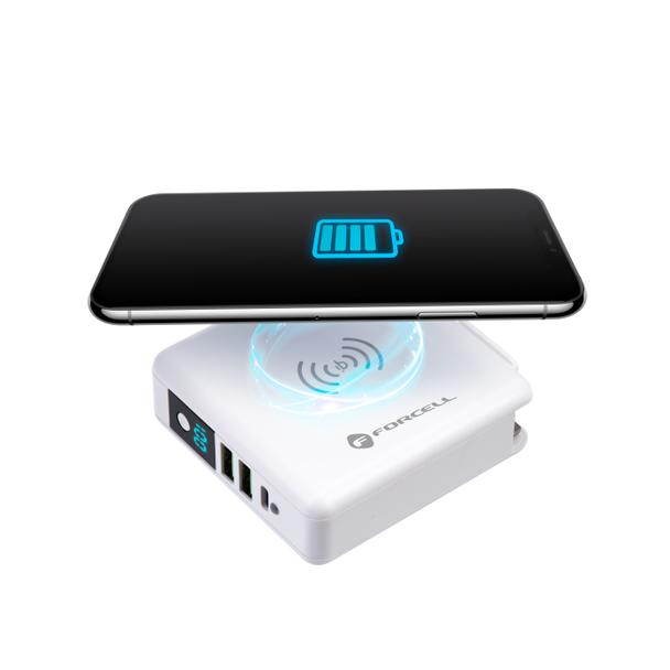 Wielofunkcyjna ładowarka Forcell F-Energy 4w1 2 x USB A + USB C 15W + power bank 8000mAh + ładowanie bezprzewodowe biała