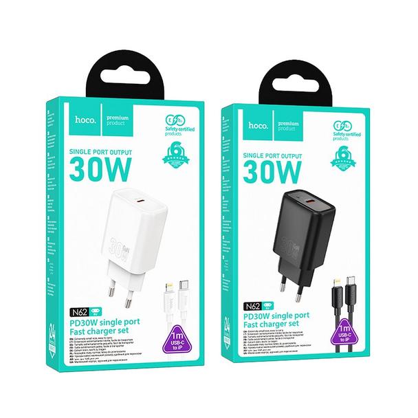 Ładowarka sieciowa do telefonu Hoco USB C QC PD 30W + kabel USB C do Lightning N62 czarna