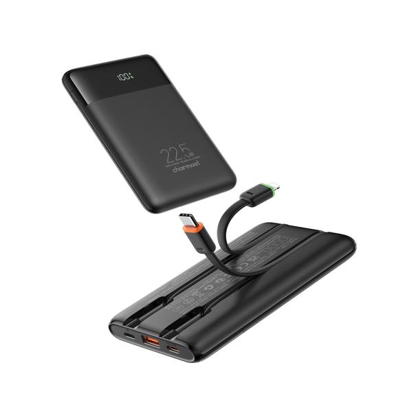 Powerbank PD3.0 3A 22,5W 10000 mAh z wbudowanymi kablami USB C / Lightning Charmast W1202 czarny 0INT