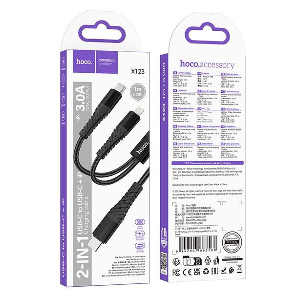 Kabel 2w1 USB C do USB C+Lightnig Hoco 1 m X123 czarny