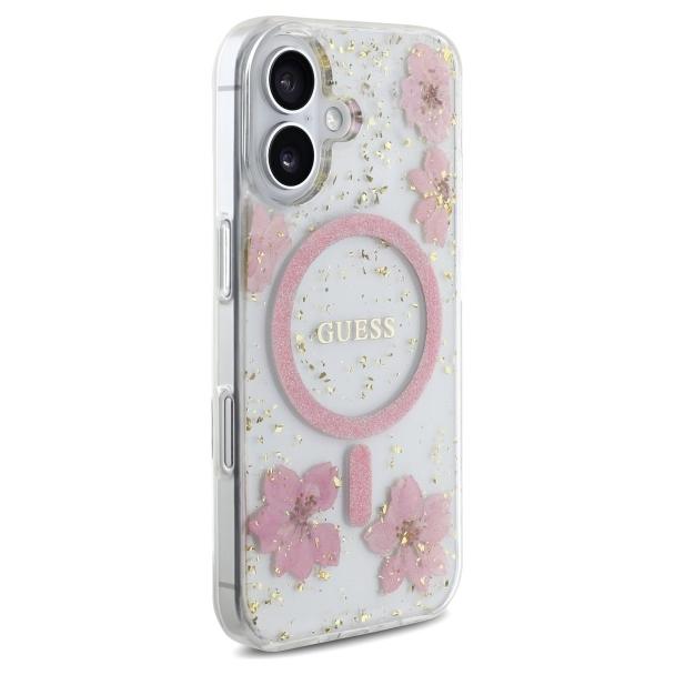 GUESS futerał do IPHONE 16 kompatybilny z MagSafe GUHMP16SRBFGFGMP (Resin Flowers and Glitter) pink