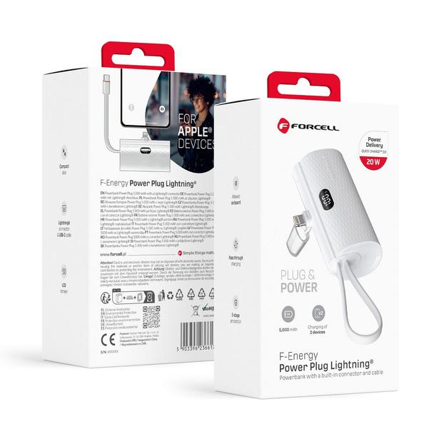 Powerbank Forcell F-Energy Power Plug F5K3 PD 20W 5000 mAh z wbudowanym złączem Lightning biały