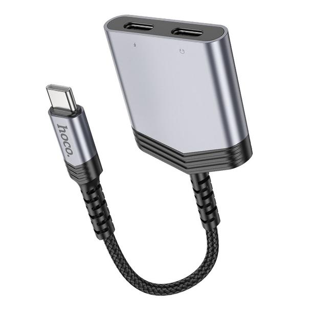 Adapter AUX 2w1 USB C do 2 x USB C Hoco 27W LS40 szary