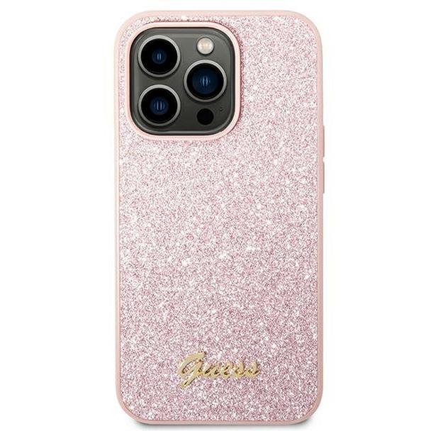 GUESS futerał do IPHONE 14 Pro GUHCP14LHGGSHP (Glitter Flakes Script Metal Logo) różowy