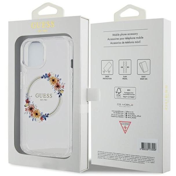 GUESS futerał do IPHONE 15 kompatybilny z MagSafe GUHMP15SHFWFCT (Flowers Wreath) transparentny