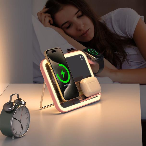 Forcell F-ENERGY Mag Mirror 3 in 1 15W ładowarka indukcyjna z kompatybilna z MagSafe / Apple Watch / Samsung Watch / Airpods różowa