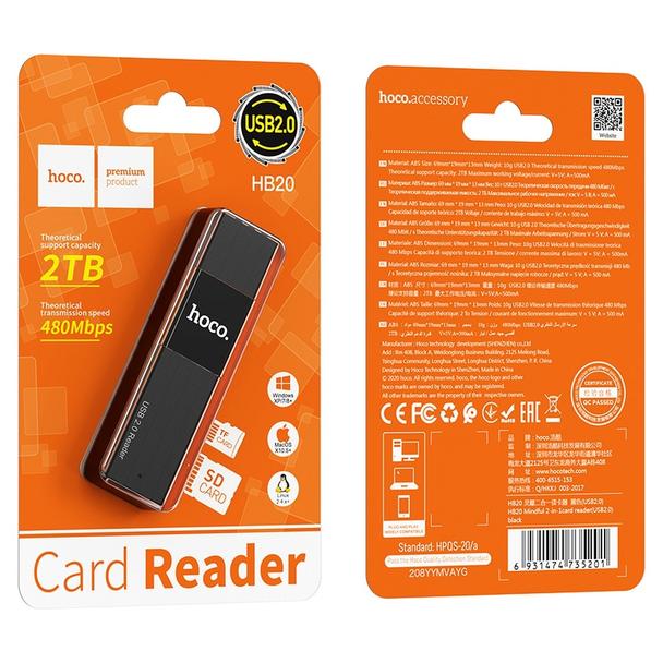 Czytnik kart SD / TF Hoco USB A 2.0 HB20 czarny