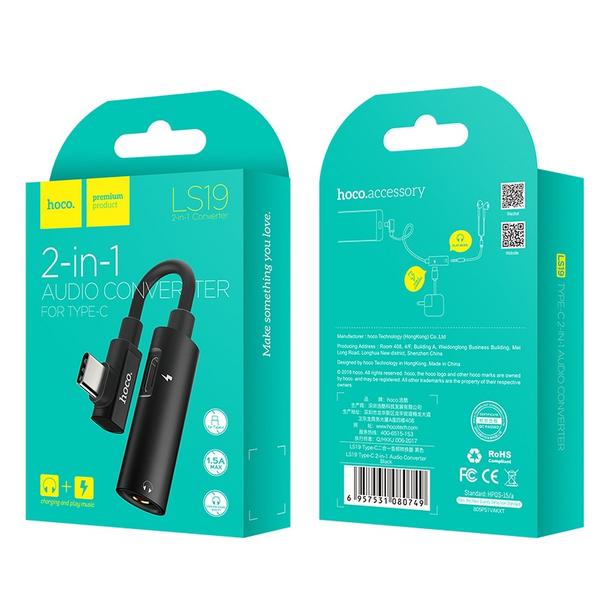 Adapter AUX 2w1 USB C do Jack 3,5 mm / USB C Hoco LS19 czarny