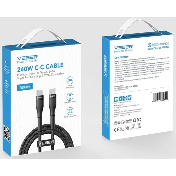 Kabel USB C do USB C VEGER PD 5A 240W 1,5 m CC03 czarny