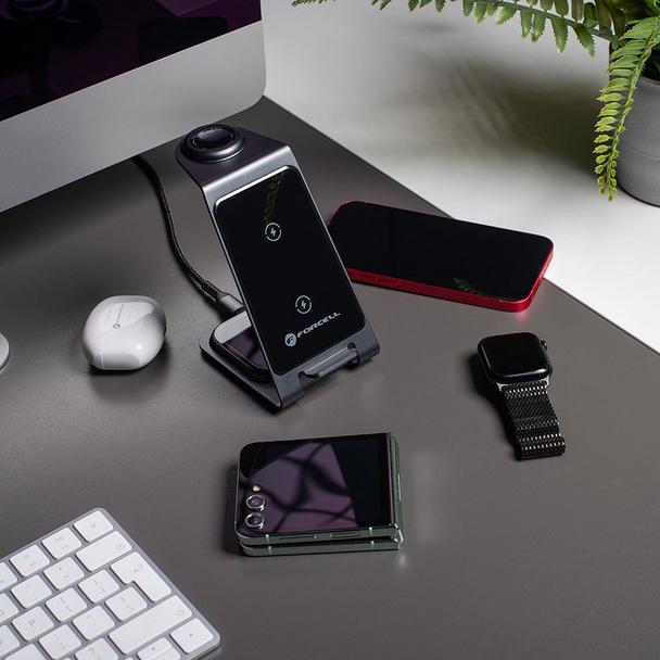 Ładowarka indukcyjna Forcell F-Energy 3w1 Simply Charge aluminiowa kompatybilna z Apple Watch i Samsung Watch szara