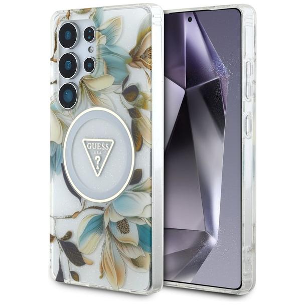 GUESS futerał do SAMSUNG S25 Ultra GUHMS25LHFLPEDH (Magnetic IML Metal Glitter Flowers Triangle) biały