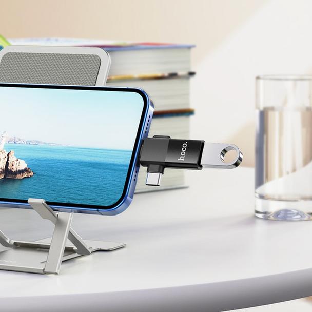 Adapter OTG 2w1 USB C / Lightning do USB A Hoco UA17 czarny
