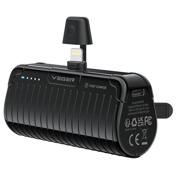 Powerbank Veger PlugOn (W0558P) PD QC3.0 2,4A 20W 5000 mAh z wbudowanym złączem Lightning czarny 0INT
